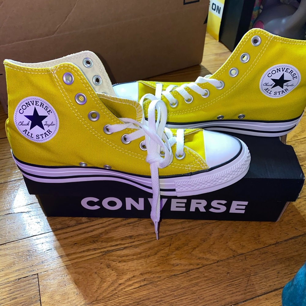 Yellow high top converse. Never worn